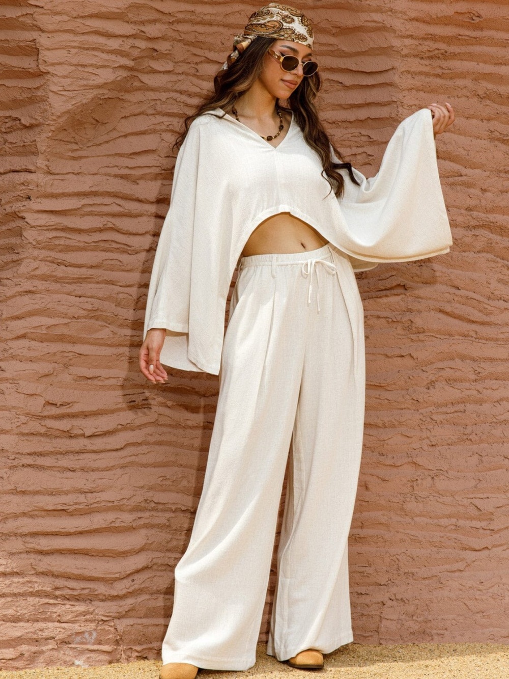 Linen Blend Cream Wide-Leg Drawstring Pants and Top Matching Set